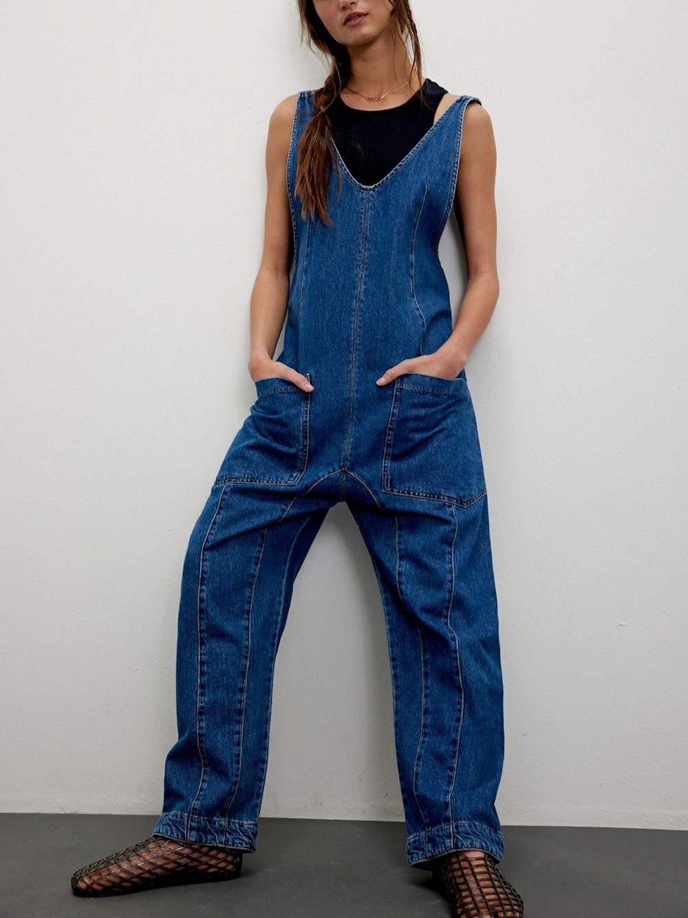 Free People, We the Free Sapphire Blue Relaxed Denim Overalls, Jumpsuit